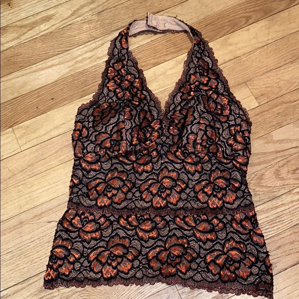 Beaded banded stretch lace halter top mesh lined